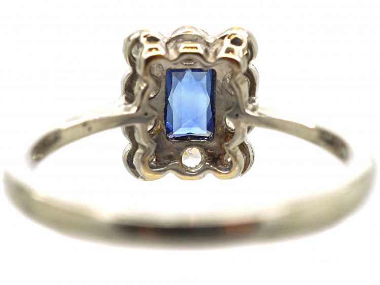 Art Deco 18ct White Gold, French Cut Sapphire & Diamond Rectangular Ring