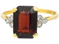 Art Deco 18ct Gold & Platinum, Rectangular Garnet Ring with Diamond Set Shoulders