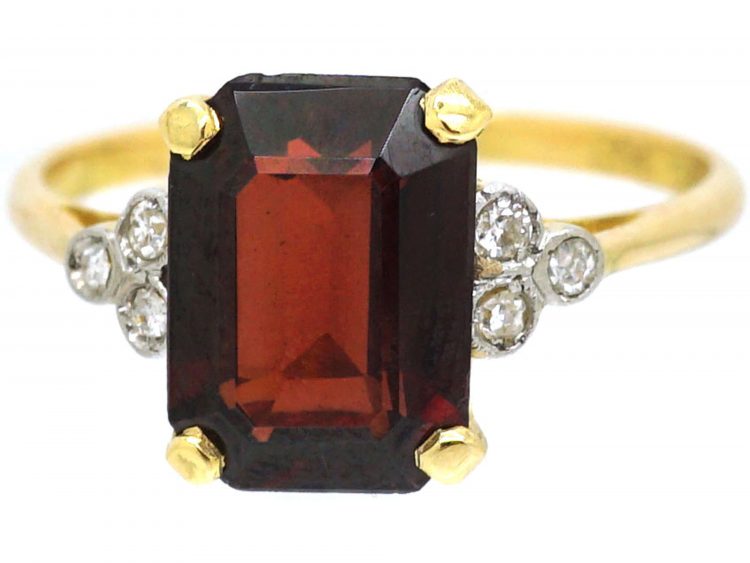 Art Deco 18ct Gold & Platinum, Rectangular Garnet Ring with Diamond Set Shoulders