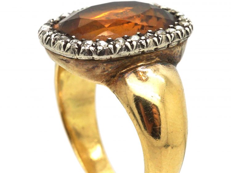 Georgian 15ct Gold, Large Cushion Cut Citrine & Rose Diamond Ring