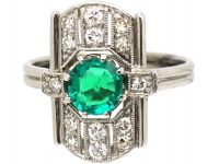 Art Deco 14ct White Gold, Emerald & Diamond Rectangular Ring