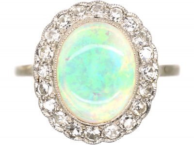 Edwardian 18ct Gold, Opal & Diamond Cluster Ring
