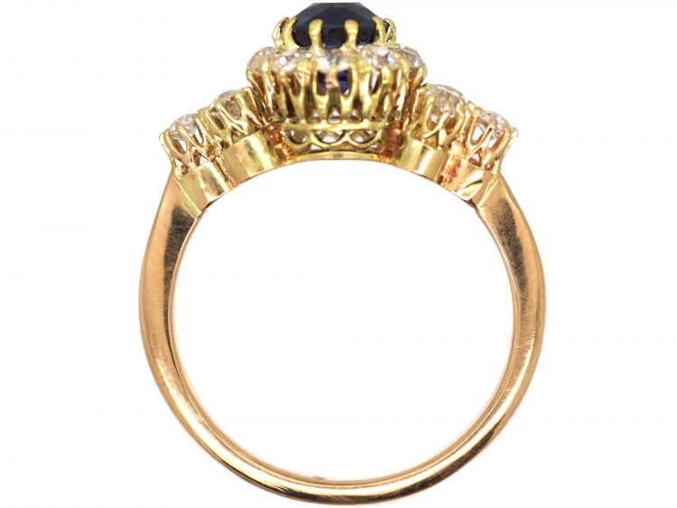 Early 20th Century 18ct Gold, Sapphire & Diamond Cluster Ring with Three Stone Diamond Shoulders