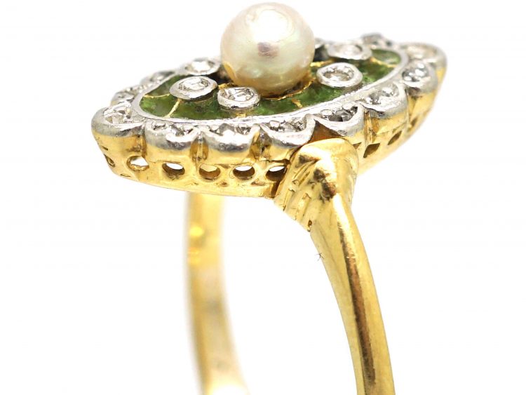 Early 20th Century 18ct Gold & Platinum, Plique A Jour, Diamond & Natural Split Pearl Ring