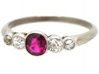 Art Deco 18ct White Gold & Platinum, Ruby & Diamond Five Stone Ring
