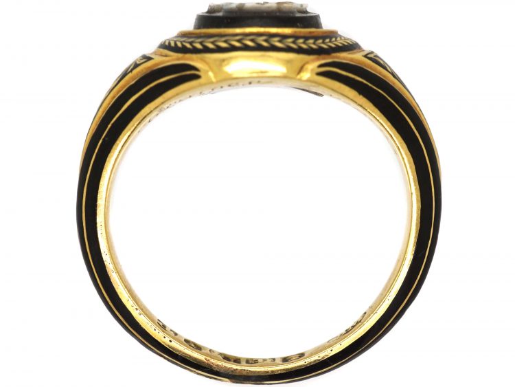 Georgian 18ct Gold, Carved Onyx Forget me Not Black Enamel Mourning Ring
