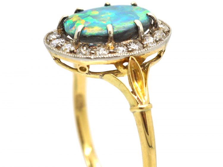 Edwardian 18ct Gold & Platinum, Black Opal & Diamond Oval Cluster Ring