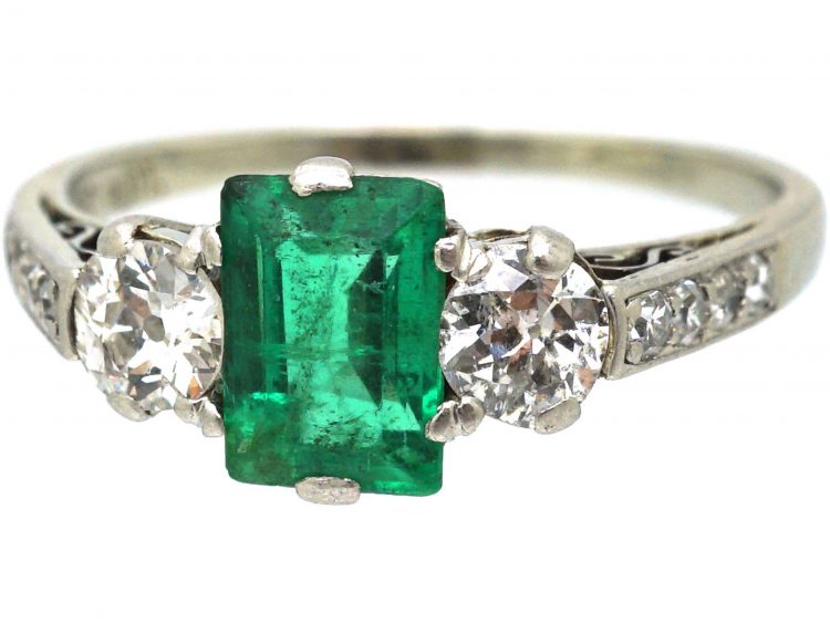 Art Deco 18ct White Gold, Emerald & Diamond Ring with Diamond set Shoulders