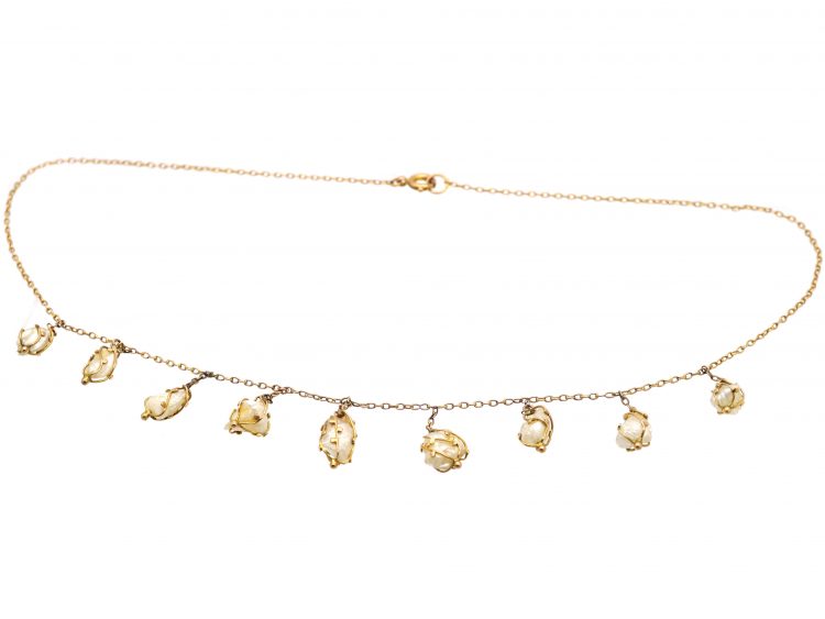 Art Nouveau 9ct Gold & Caged Baroque Pearls Necklace