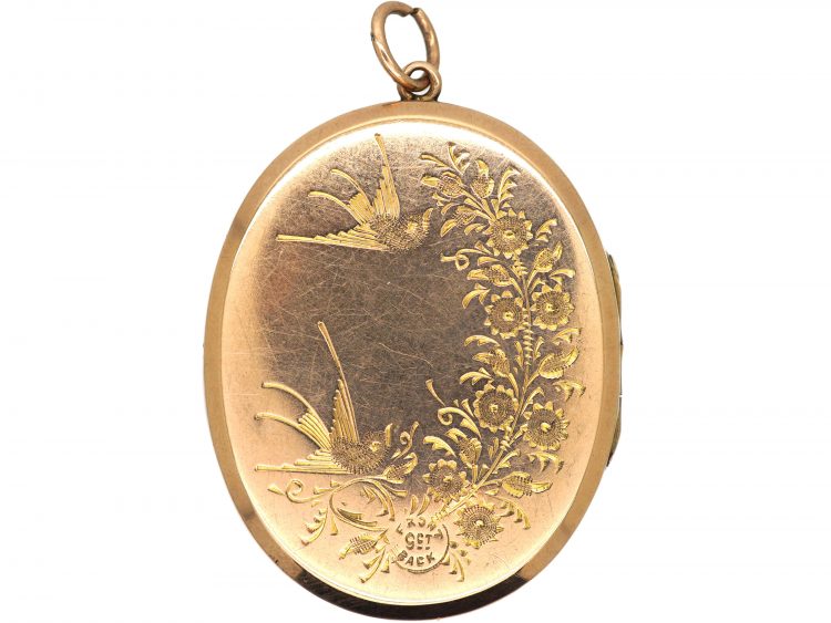 Edwardian 9ct Back & Front Oval Locket with Swallow & Rose Branch Motif