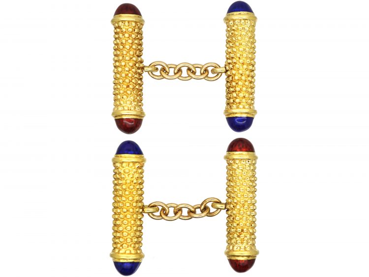 18ct Gold Cufflinks with Blue & Red Enamel Terminals