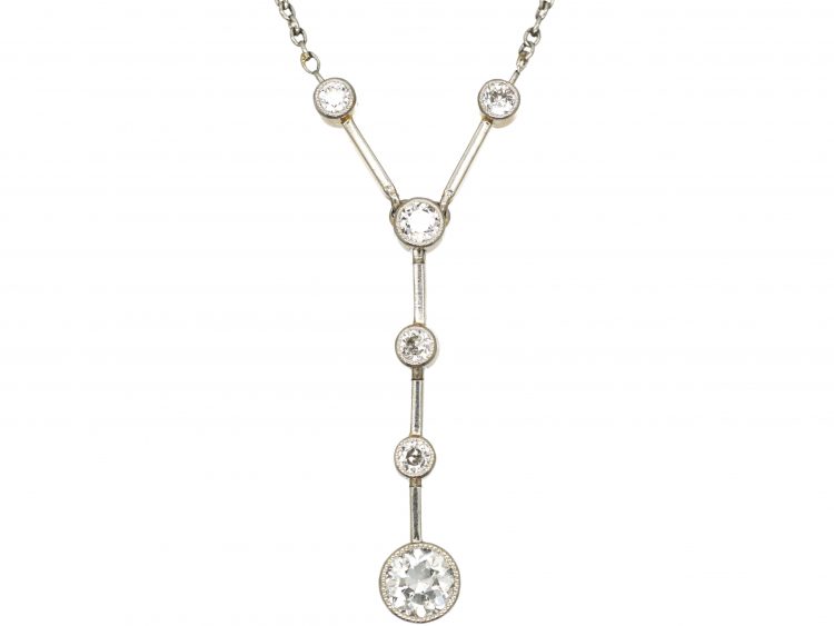 Art Deco Platinum & 15ct Gold, Diamond Drop Pendant on Chain