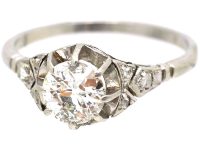 Art Deco 18ct White Gold & Platinum Diamond Solitaire Ring with Rose Diamond Set Shoulders