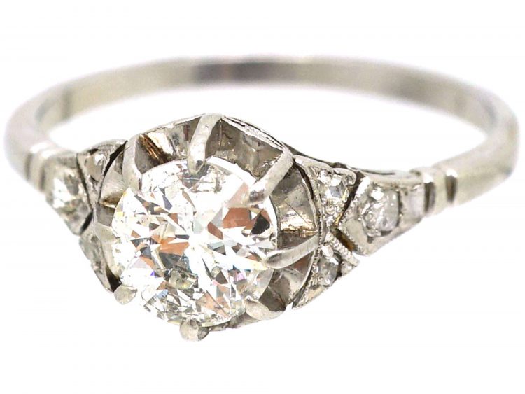 Art Deco 18ct White Gold & Platinum Diamond Solitaire Ring with Rose Diamond Set Shoulders