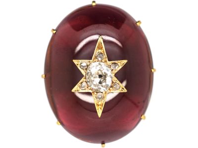 Victorian Large 18ct Gold & Cabochon Garnet & Diamond Ring