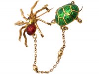 Edwardian 15ct Gold, Enamelled Spider & Turtle Brooch set with Natural Split Pearls