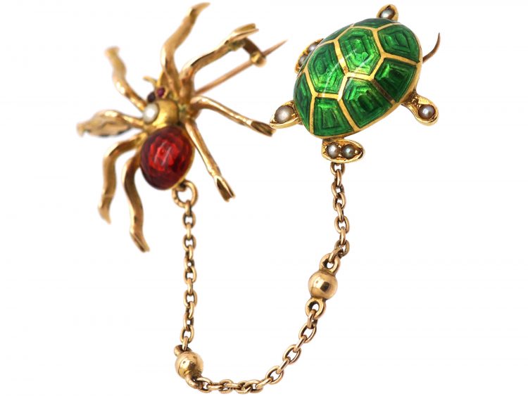 Edwardian 15ct Gold, Enamelled Spider & Turtle Brooch set with Natural Split Pearls