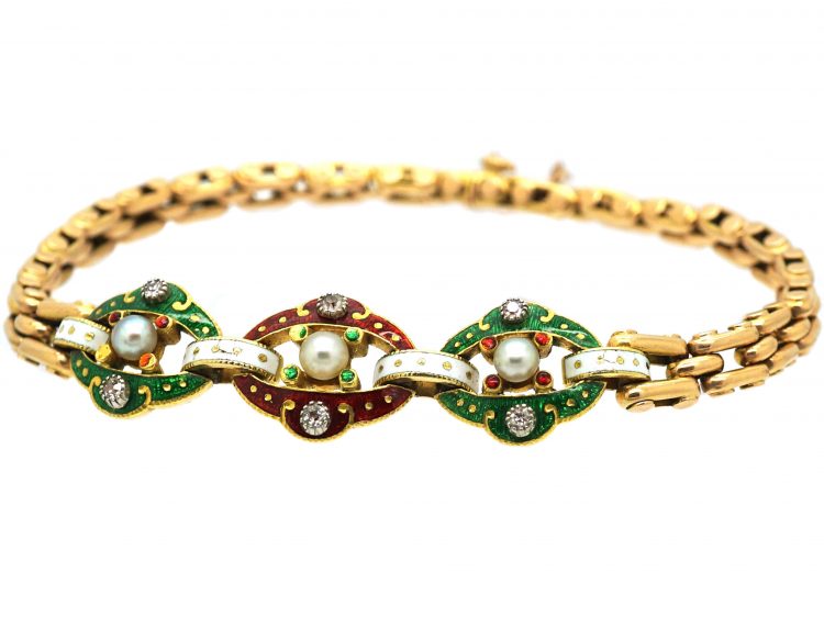 Victorian 15ct Gold, Diamond & Natural Bouton Pearl, Jubilee Enamel Bracelet
