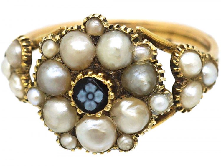 Regency 15ct Gold Natural Split Pearl & Carved Banded Onyx Forget me Not Ring