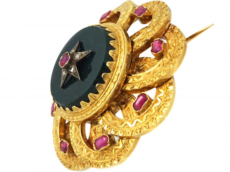 Victorian 18ct Gold, Ruby, Bloodstone & Rose Diamond Brooch in Original Case