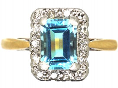 Mid-Century 18ct Gold & Platinum, Aquamarine & Diamond Rectangular Ring