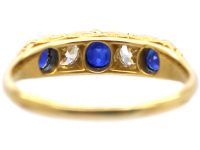 Victorian 18ct Gold, Five Stone Sapphire & Diamond Carved Half Hoop Ring