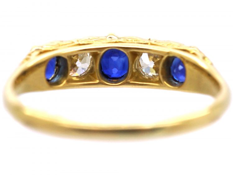 Victorian 18ct Gold, Five Stone Sapphire & Diamond Carved Half Hoop Ring