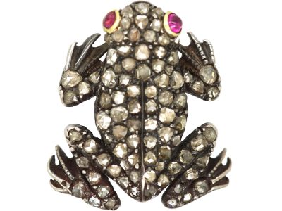 Edwardian 18ct Gold & Silver Frog Brooch set with Rose Diamonds & Cabochon Rubies