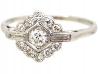 Art Deco Platinum & Diamond Cluster Ring with Baguette Diamond Detail