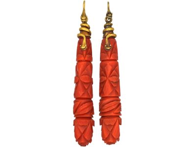 Georgian Carved Coral Drop Earrings with 15ct Gold Snake Wires