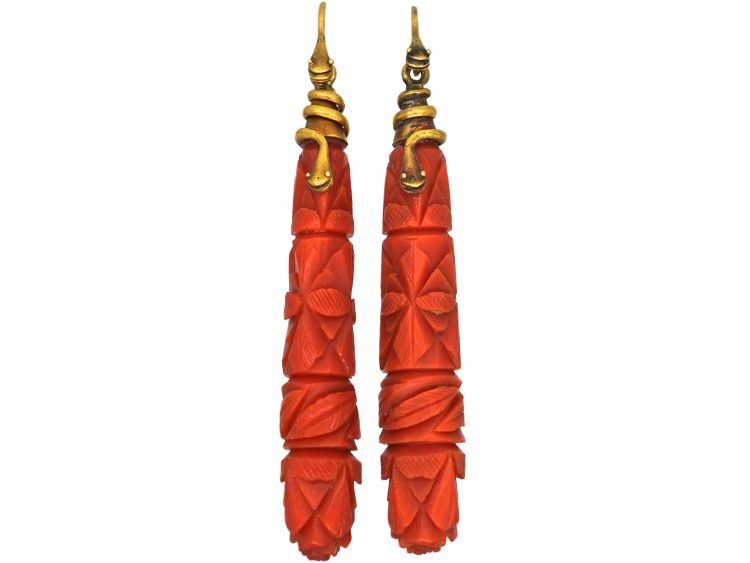 Georgian Carved Coral Drop Earrings with 15ct Gold Snake Wires