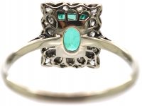 Art Deco 18ct White Gold & Platinum, Emerald & Diamond Rectangular Shaped Ring