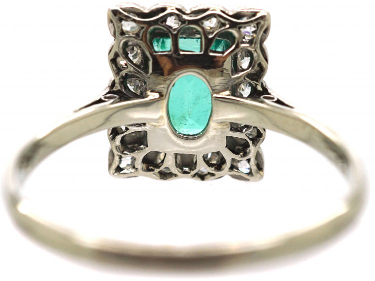 Art Deco 18ct White Gold & Platinum, Emerald & Diamond Rectangular Shaped Ring