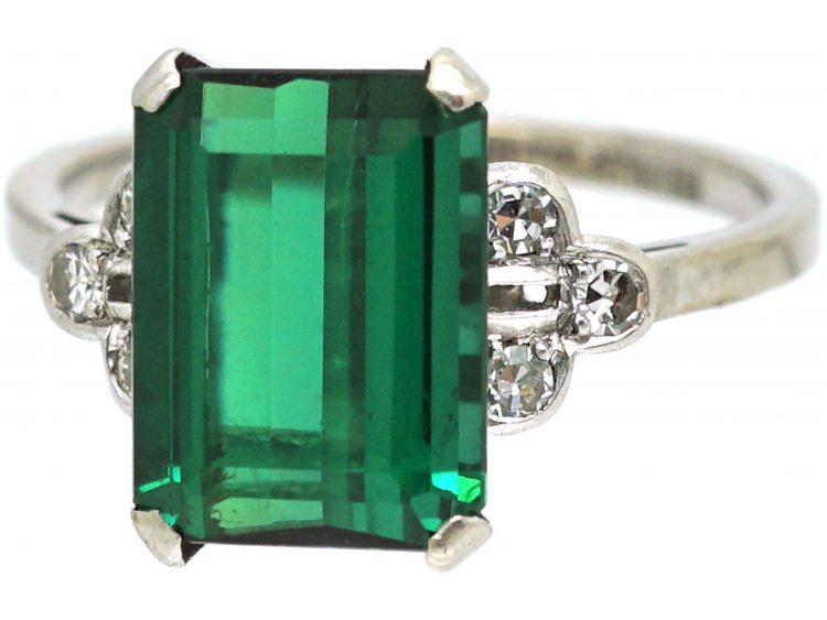 Art Deco 18ct White Gold & Platinum, Green Tourmaline & Diamond Ring