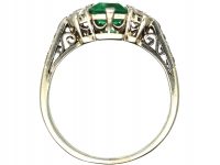 Art Deco 18ct White Gold, Emerald & Diamond Ring with Diamond set Shoulders