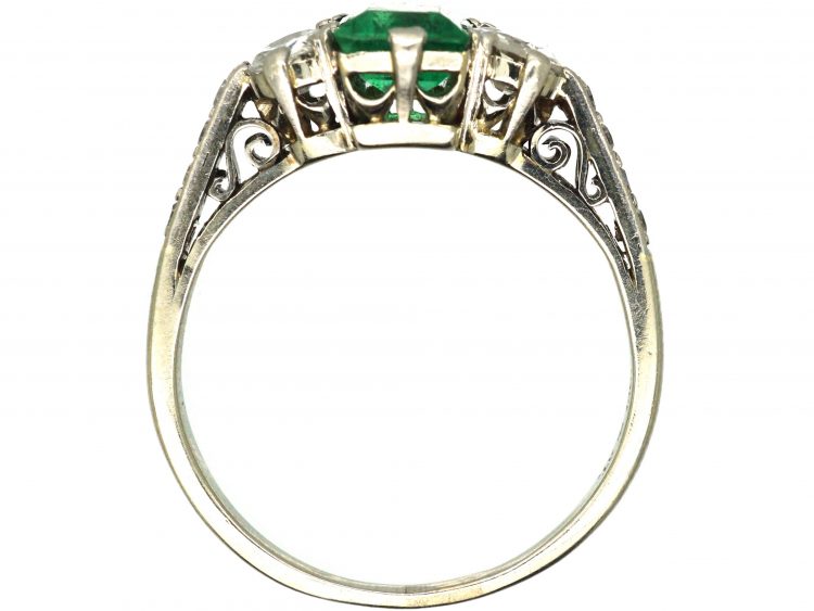 Art Deco 18ct White Gold, Emerald & Diamond Ring with Diamond set Shoulders