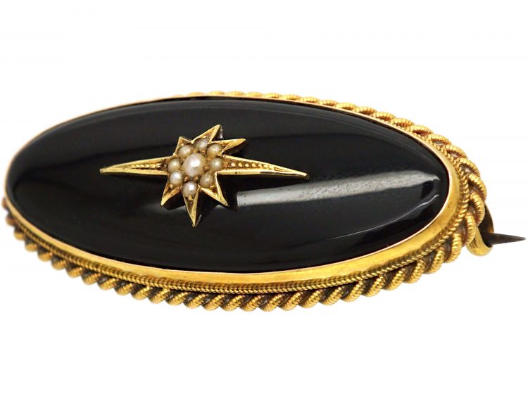 Victorian 18ct & Onyx Oval Brooch with a Star set with Natural Split Pearls