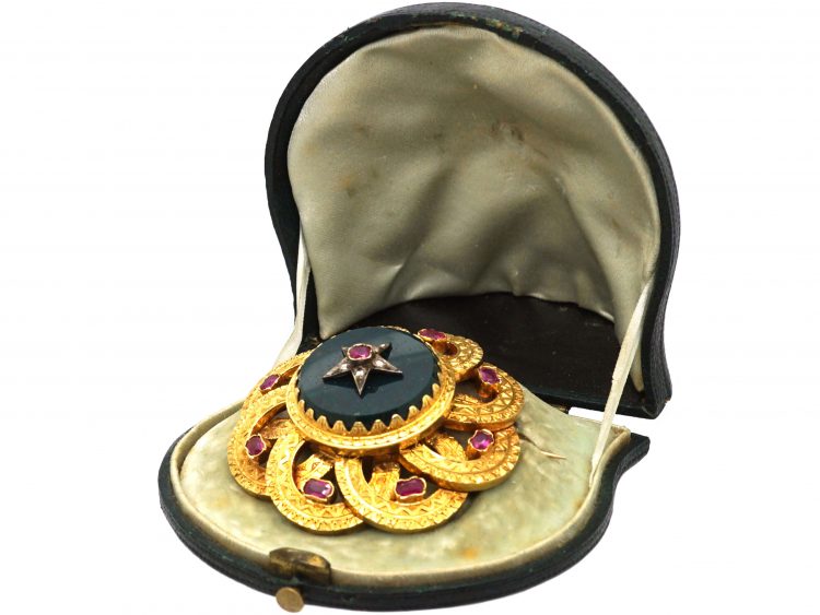 Victorian 18ct Gold, Ruby, Bloodstone & Rose Diamond Brooch in Original Case