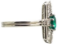 Art Deco 14ct White Gold, Emerald & Diamond Rectangular Ring