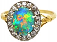 Edwardian 18ct Gold & Platinum, Black Opal & Diamond Oval Cluster Ring
