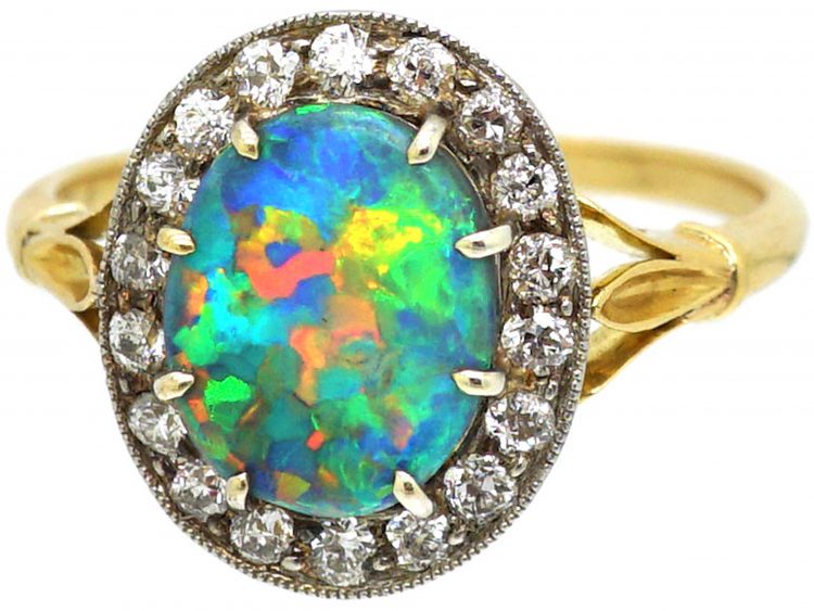 Edwardian 18ct Gold & Platinum, Black Opal & Diamond Oval Cluster Ring