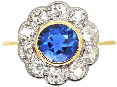 Edwardian 18ct Gold & Platinum, Sapphire & Diamond Cluster Ring