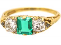 Victorian 18ct Gold, Emerald & Diamond Three Stone Carved Half Hoop Ring