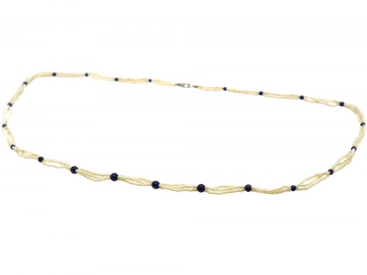 Edwardian Seed Pearl & Lapis Bead Necklace with 18ct White Gold Clasp