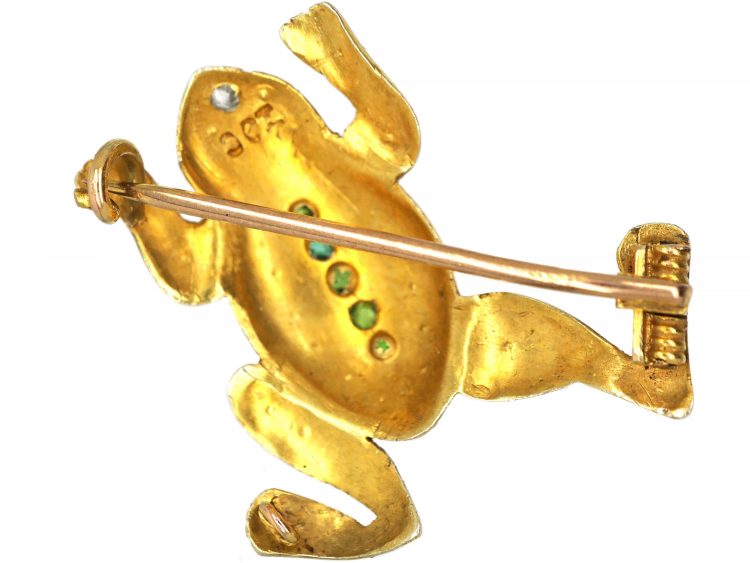 Edwardian 9ct Gold, Green Garnet, Natural Split Pearl & Diamond Frog Brooch with Cabochon Ruby Eyes