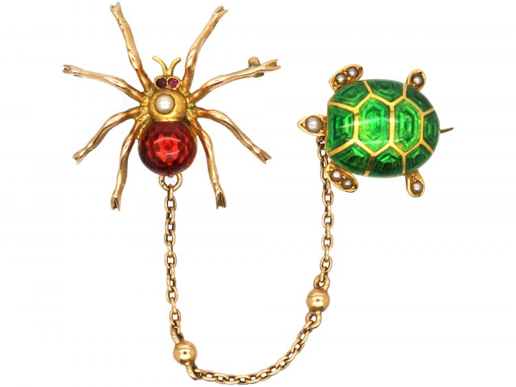 Edwardian 15ct Gold, Enamelled Spider & Turtle Brooch set with Natural Split Pearls