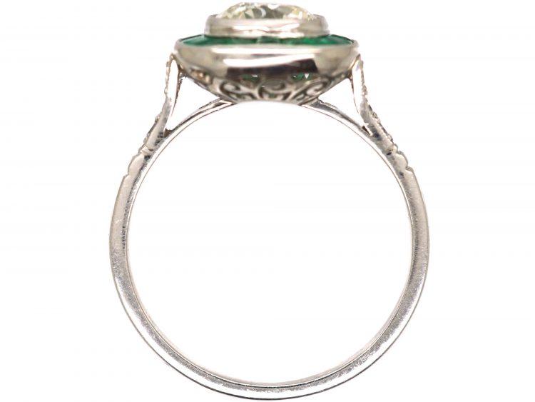 Platinum, Large Single Diamond Solitaire Ring with Calibre Emerald Frame