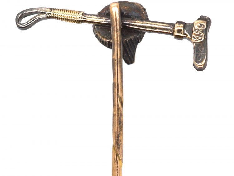 Edwardian 15ct Gold & Silver Fox & Whip Tie Pin set with Rose Diamonds