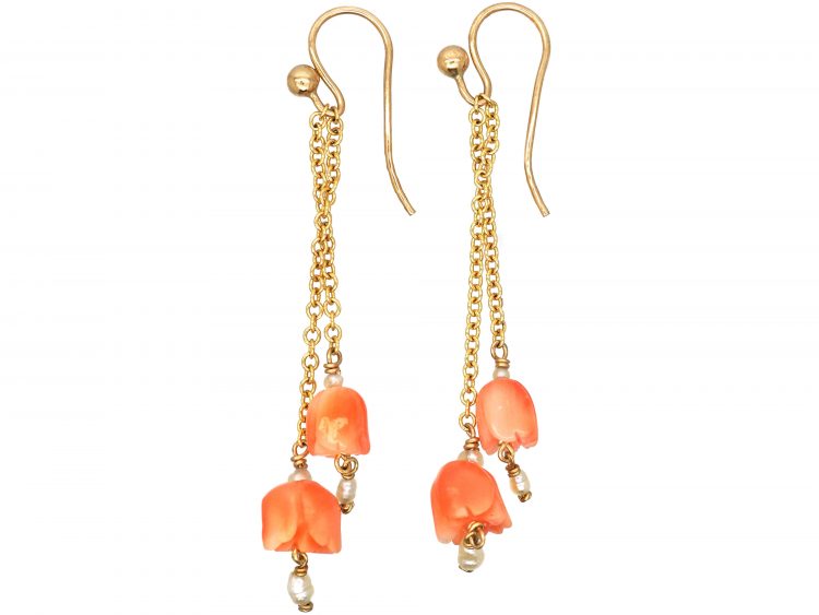9ct Gold, Coral & Seed Pearl Flower Drop Earrings