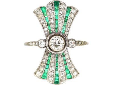 Art Deco Platinum Fan Ring set with Calibré Cut Emeralds & Diamonds